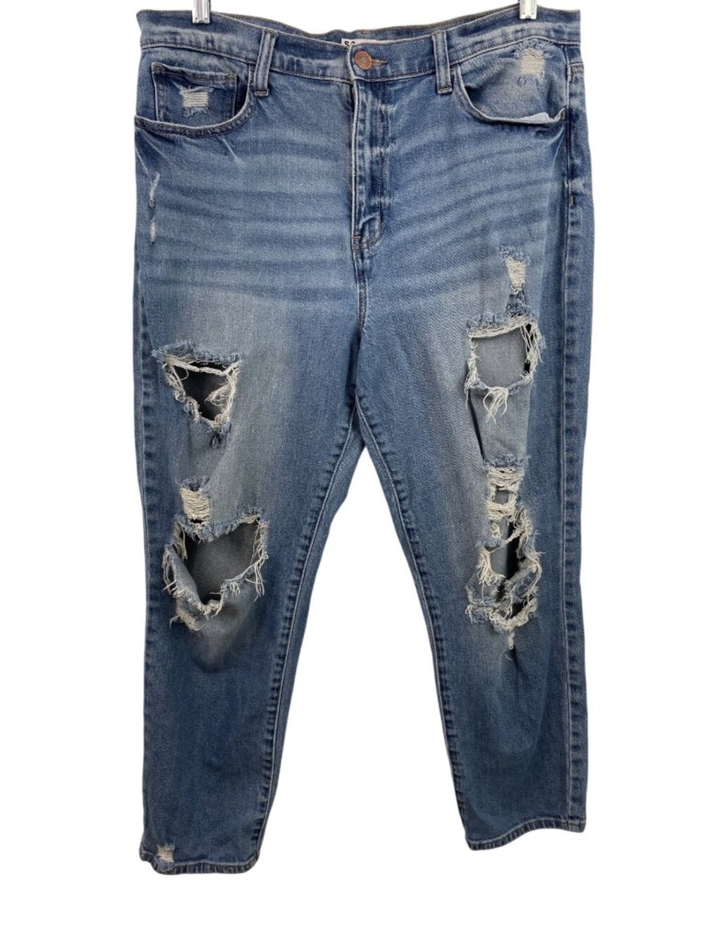 SO High Rise Distressed Mom Jeans Size 17/33W Medium Wash Cotton Blend